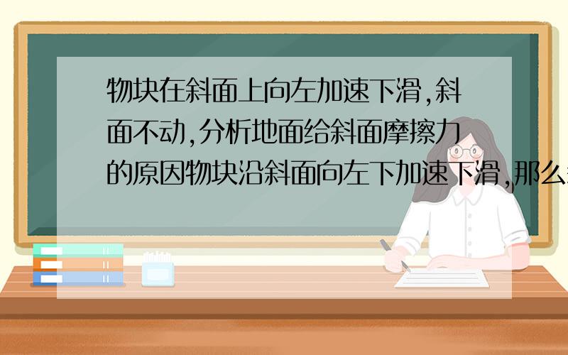 物块在斜面上向左加速下滑,斜面不动,分析地面给斜面摩擦力的原因物块沿斜面向左下加速下滑,那么斜面受地面向左的摩擦力.一种说法是物块给斜面一个向右的分力,所以摩擦力向左使斜面