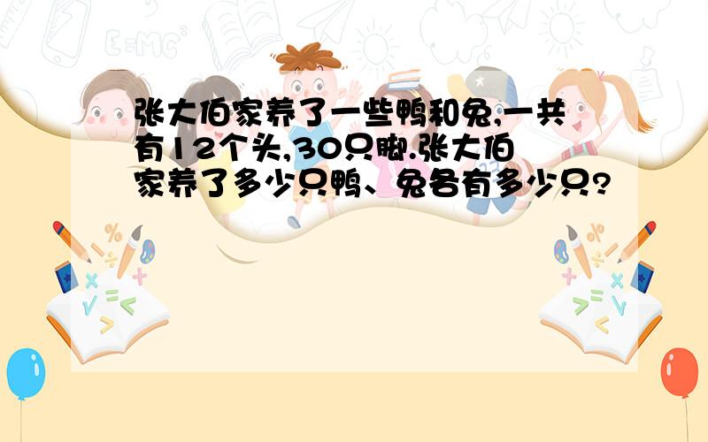 张大伯家养了一些鸭和兔,一共有12个头,30只脚.张大伯家养了多少只鸭、兔各有多少只?