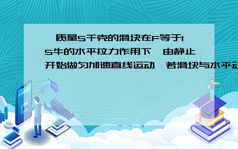 一质量5千克的滑块在F等于15牛的水平拉力作用下,由静止开始做匀加速直线运动,若滑块与水平动摩擦因数...一质量5千克的滑块在F等于15牛的水平拉力作用下,由静止开始做匀加速直线运动,若