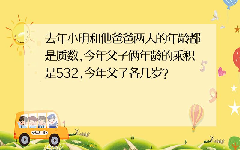 去年小明和他爸爸两人的年龄都是质数,今年父子俩年龄的乘积是532,今年父子各几岁?