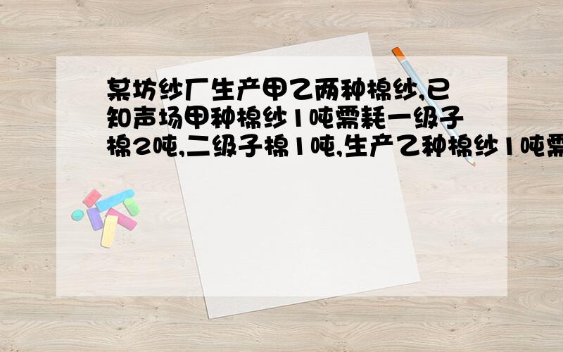 某坊纱厂生产甲乙两种棉纱,已知声场甲种棉纱1吨需耗一级子棉2吨,二级子棉1吨,生产乙种棉纱1吨需耗一...某坊纱厂生产甲乙两种棉纱,已知声场甲种棉纱1吨需耗一级子棉2吨,二级子棉1吨,生产