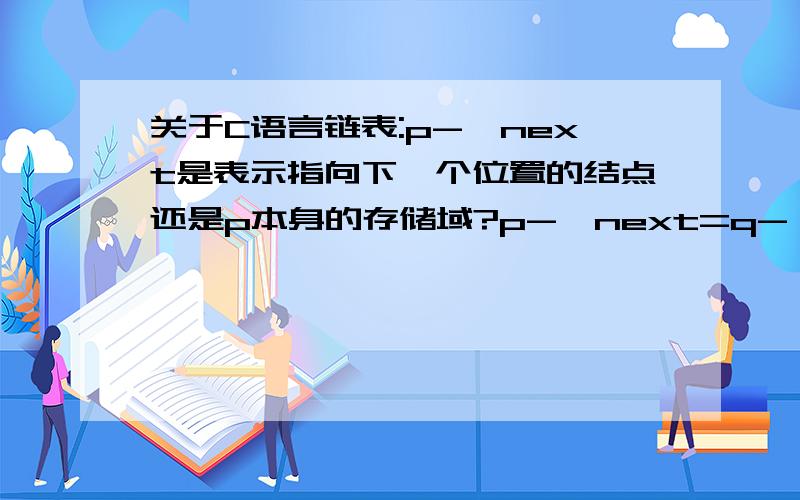 关于C语言链表:p->next是表示指向下一个位置的结点还是p本身的存储域?p->next=q->next怎么理解呢?