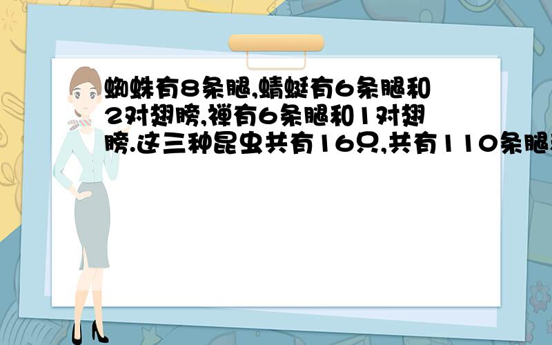 蜘蛛有8条腿,蜻蜓有6条腿和2对翅膀,禅有6条腿和1对翅膀.这三种昆虫共有16只,共有110条腿和14对翅膀.这三种昆虫各有多少只?