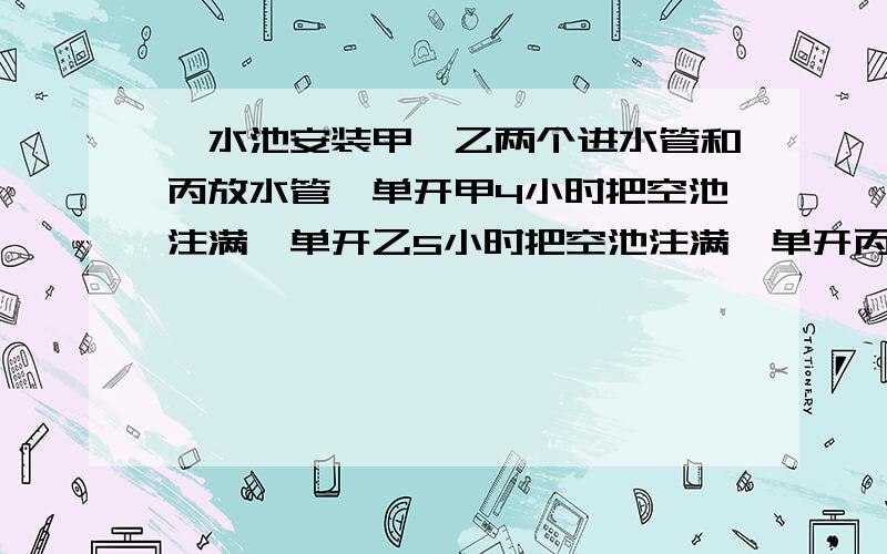 一水池安装甲、乙两个进水管和丙放水管,单开甲4小时把空池注满,单开乙5小时把空池注满,单开丙3小时把满满池水放完。现在三管同时打开。几小时能把空池注满？