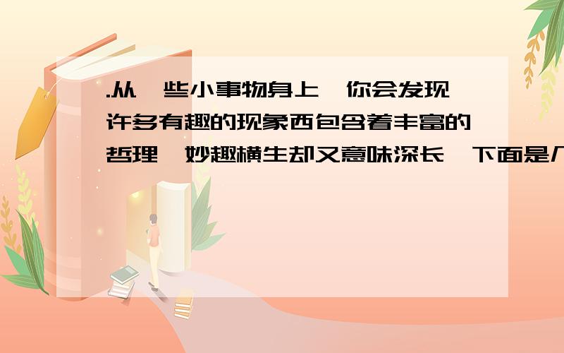 .从一些小事物身上,你会发现许多有趣的现象西包含着丰富的哲理,妙趣横生却又意味深长,下面是几个例子.（1）蜈蚣：即使你有再多的脚,也得一步一步脚踏实地向前走.石灰：风扇：尺子：