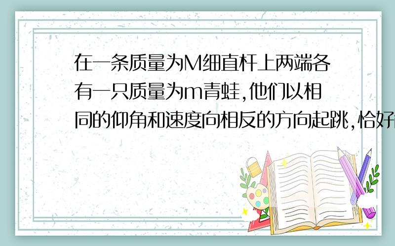 在一条质量为M细直杆上两端各有一只质量为m青蛙,他们以相同的仰角和速度向相反的方向起跳,恰好能落在杆的另一端求M/m