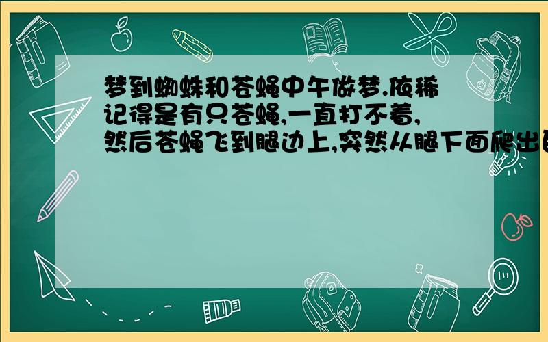 梦到蜘蛛和苍蝇中午做梦.依稀记得是有只苍蝇,一直打不着,然后苍蝇飞到腿边上,突然从腿下面爬出巨大的蜘蛛（应该是蜘蛛）,不知道蜘蛛吃到苍蝇没,我就醒了看有些解释说蜘蛛吃苍蝇是要