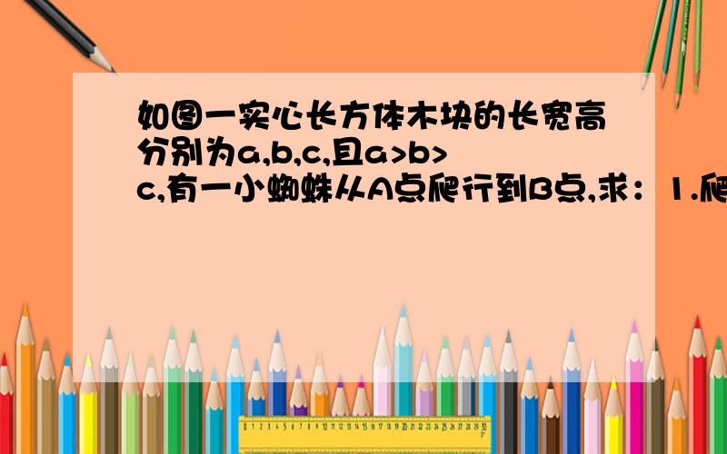 如图一实心长方体木块的长宽高分别为a,b,c,且a>b>c,有一小蜘蛛从A点爬行到B点,求：1.爬行的最短路