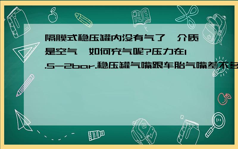 隔膜式稳压罐内没有气了,介质是空气,如何充气呢?压力在1.5-2bar.稳压罐气嘴跟车胎气嘴差不多.有没有什么仪器?（可以看见里面压力）