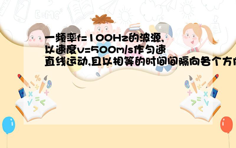 一频率f=100Hz的波源,以速度v=500m/s作匀速直线运动,且以相等的时间间隔向各个方向同时发出机械波.某一时刻,发出的机械波在运动平面上到达的最远位置如图所示（图中每个上正方格的边长相