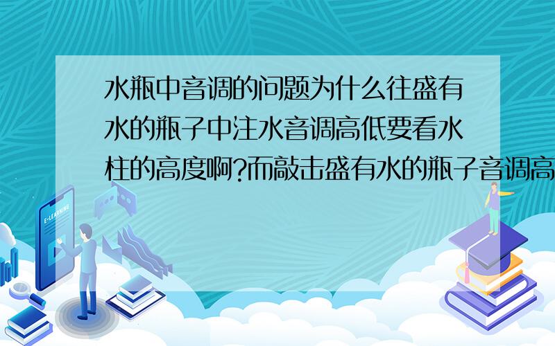 水瓶中音调的问题为什么往盛有水的瓶子中注水音调高低要看水柱的高度啊?而敲击盛有水的瓶子音调高低又要看里面空气柱的长度啊?帮我说明清楚下(我知道音调与振动频率有关,但是这