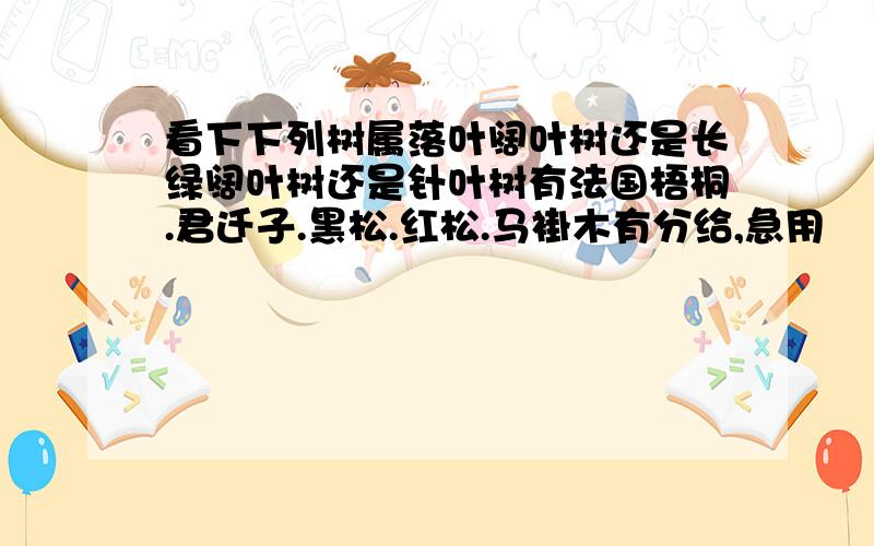 看下下列树属落叶阔叶树还是长绿阔叶树还是针叶树有法国梧桐.君迁子.黑松.红松.马褂木有分给,急用