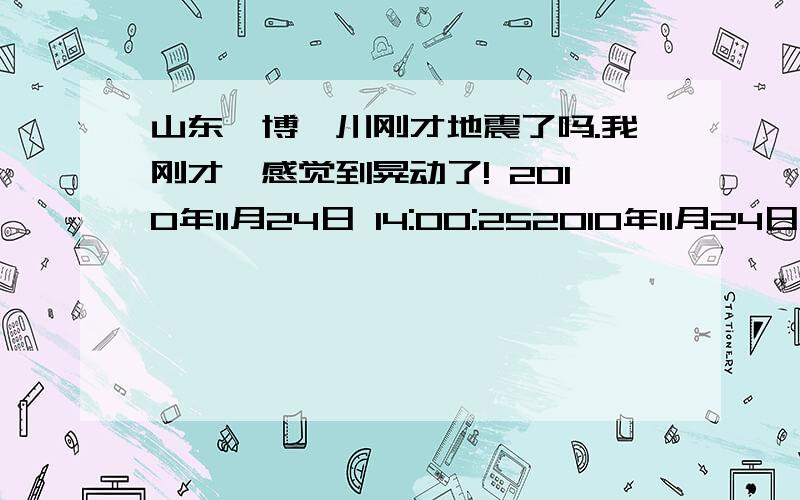 山东淄博淄川刚才地震了吗.我刚才咋感觉到晃动了! 2010年11月24日 14:00:252010年11月24日 14:00:34       问题在标题不信的拉到,感觉大概在四级左右,楼体有明显晃动的感觉.大概五秒钟左右,淄博旮