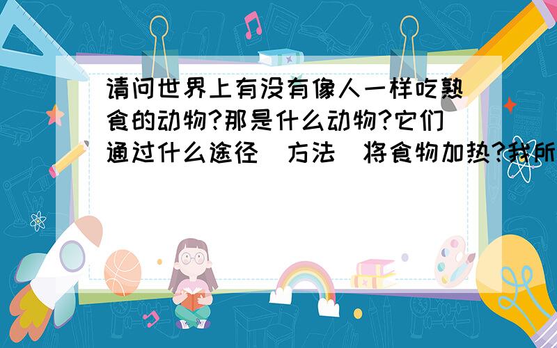 请问世界上有没有像人一样吃熟食的动物?那是什么动物?它们通过什么途径（方法）将食物加热?我所知道的动物都是吃生食的,突然很想知道,在这个世界上是不是有吃食物也加热的动物存在