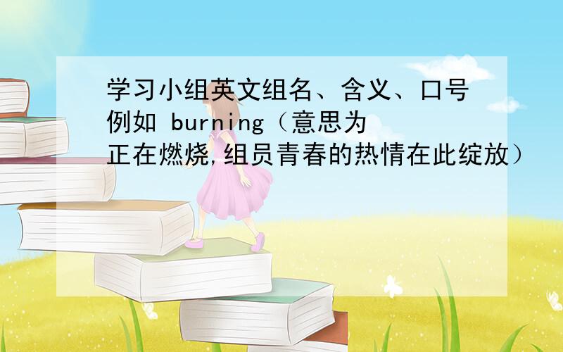 学习小组英文组名、含义、口号例如 burning（意思为正在燃烧,组员青春的热情在此绽放）