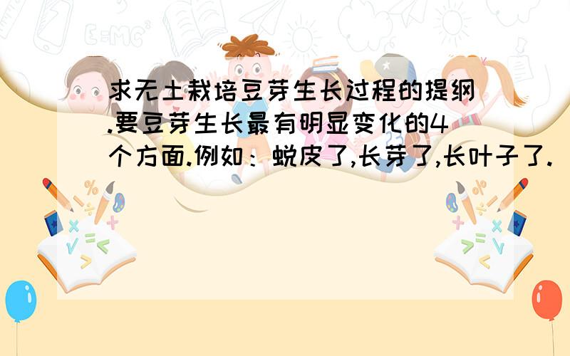 求无土栽培豆芽生长过程的提纲.要豆芽生长最有明显变化的4个方面.例如：蜕皮了,长芽了,长叶子了.