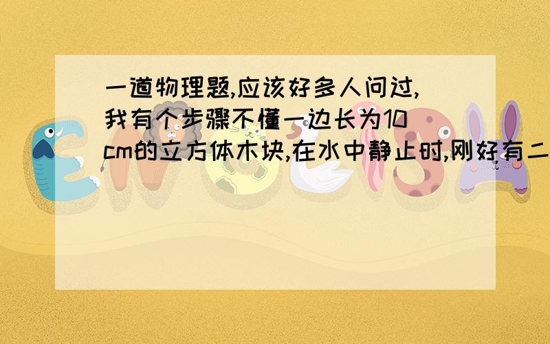 一道物理题,应该好多人问过,我有个步骤不懂一边长为10 cm的立方体木块,在水中静止时,刚好有二分之一露出水面.若g取10 N/kg,求:用手将木块缓慢压入水中,当木块刚好全部没入水中时,手对木块