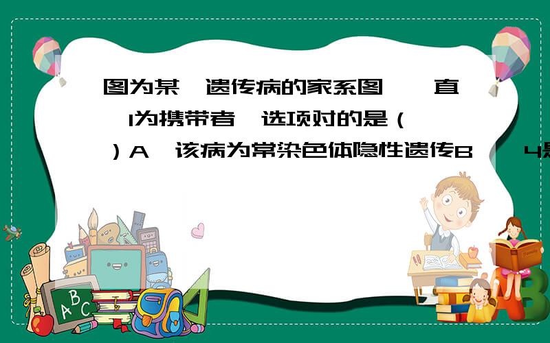 图为某一遗传病的家系图,一直Ⅰ1为携带者,选项对的是（ ）A、该病为常染色体隐性遗传B、Ⅱ4是携带者C、Ⅱ6是携带者的概率为1/2D、Ⅲ8是正常纯合子的概率为1/3或1/2