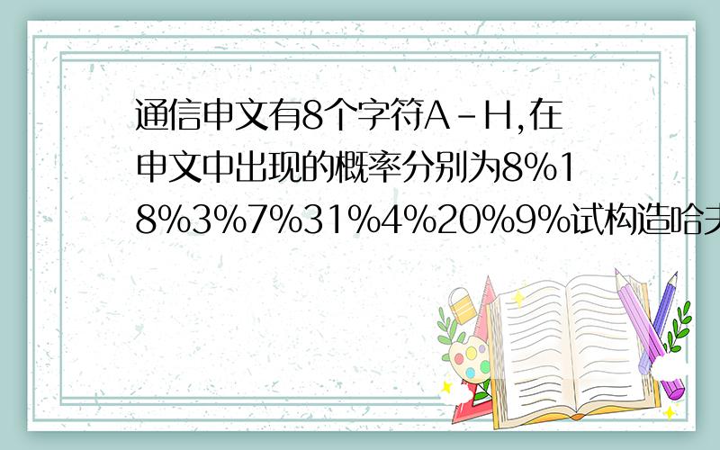 通信申文有8个字符A-H,在申文中出现的概率分别为8%18%3%7%31%4%20%9%试构造哈夫曼树并用其对8个字符编码