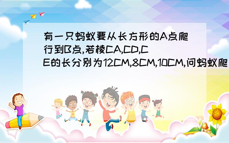 有一只蚂蚁要从长方形的A点爬行到B点,若棱CA,CD,CE的长分别为12CM,8CM,10CM,问蚂蚁爬行的最短路程是多少