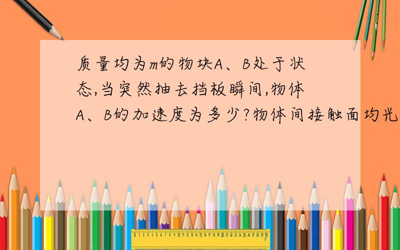 质量均为m的物块A、B处于状态,当突然抽去挡板瞬间,物体A、B的加速度为多少?物体间接触面均光滑.(a在挡板a在挡板上，b在a上，a、b之间以弹簧连接。