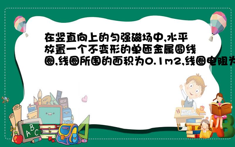 在竖直向上的匀强磁场中,水平放置一个不变形的单匝金属圆线圈,线圈所围的面积为0.1m2,线圈电阻为1．规定线圈中感应电流I 的正方向从上往下看是顺时针方向,如图1所示．磁场的磁感应强度