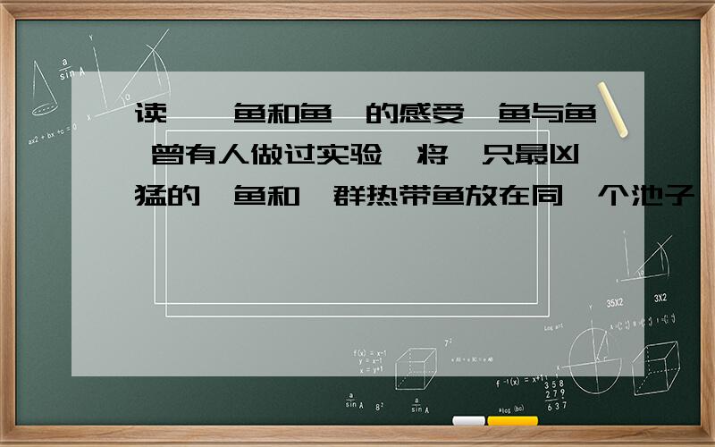 读《鲨鱼和鱼》的感受鲨鱼与鱼 曾有人做过实验,将一只最凶猛的鲨鱼和一群热带鱼放在同一个池子,然后用强化玻璃隔开,最初,鲨鱼每天不断冲撞那块看不到的玻璃,耐何这只是徒劳,它始终不