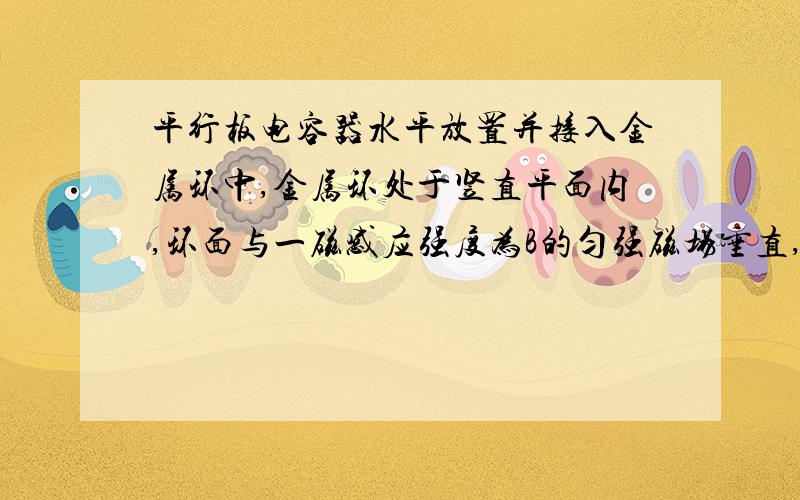 平行板电容器水平放置并接入金属环中,金属环处于竖直平面内,环面与一磁感应强度为B的匀强磁场垂直,当环以v向右平动时,求电容器两板间的电场强度和方向.向右运动不是磁通量减少吗,那