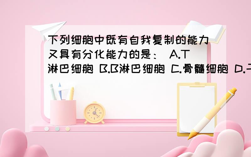 下列细胞中既有自我复制的能力又具有分化能力的是： A.T淋巴细胞 B.B淋巴细胞 C.骨髓细胞 D.干细胞