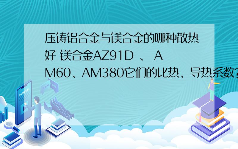 压铸铝合金与镁合金的哪种散热好 镁合金AZ91D 、 AM60、AM380它们的比热、导热系数?