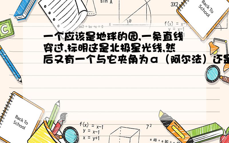 一个应该是地球的园,一条直线穿过,标明这是北极星光线,然后又有一个与它夹角为α（阿尔法）还是a的一个度数.尽管我就想知道这里的北极星光线意味着什么,不过它的题目还有太阳直射光