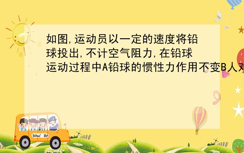 如图,运动员以一定的速度将铅球投出,不计空气阻力,在铅球运动过程中A铅球的惯性力作用不变B人对铅球的作用力逐渐变小C重力不断改变铅球的运动状态D到达最高点时,动能全部转化为势能