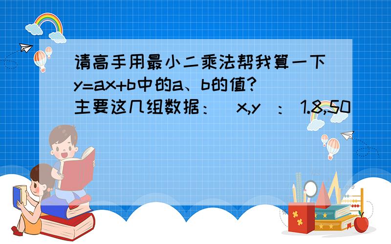 请高手用最小二乘法帮我算一下y=ax+b中的a、b的值?主要这几组数据：（x,y）:(1.8,50) (2.8,80) (3.6,100) (4.6,120) (5.5,140)