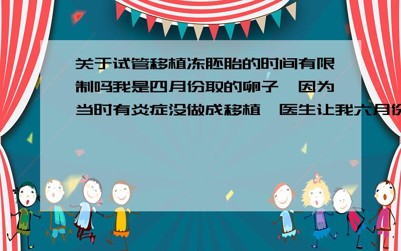 关于试管移植冻胚胎的时间有限制吗我是四月份取的卵子,因为当时有炎症没做成移植,医生让我六月份再去,后来因为那个月排卵不好所以没做成,说七月去让我喝药,促排下.七月的时候我没去,