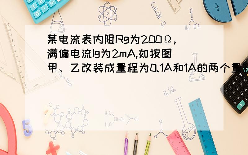 某电流表内阻Rg为200Ω,满偏电流Ig为2mA,如按图甲、乙改装成量程为0.1A和1A的两个量程的电流表,试求在图（1）、（2）两种情况下,R1和R2各为多少?