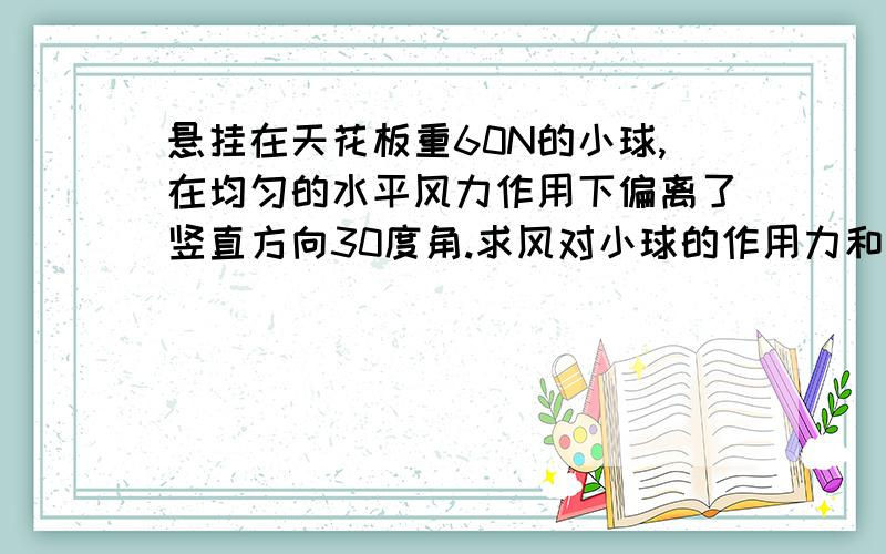 悬挂在天花板重60N的小球,在均匀的水平风力作用下偏离了竖直方向30度角.求风对小球的作用力和绳子的拉力.希望能画一下受力分析图,最后详细点,刚学.