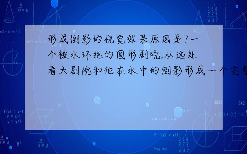 形成倒影的视觉效果原因是?一个被水环抱的圆形剧院,从远处看大剧院和他在水中的倒影形成一个完整的“鸭蛋”,产生这种视觉效果的原因是：.漂亮的“蛋壳”闪着耀眼的光芒,这是发生了