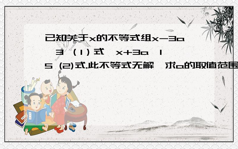 已知关于x的不等式组x-3a≥3 （1）式,x+3a≤15 (2)式.此不等式无解,求a的取值范围