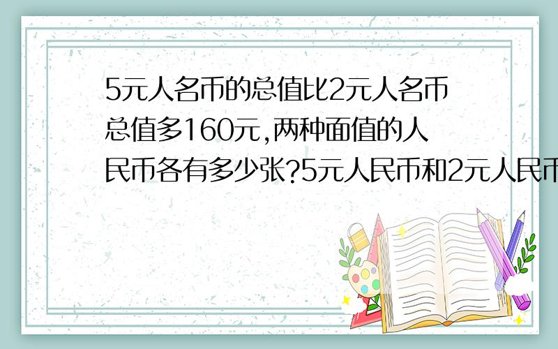 5元人名币的总值比2元人名币总值多160元,两种面值的人民币各有多少张?5元人民币和2元人民币共有200张