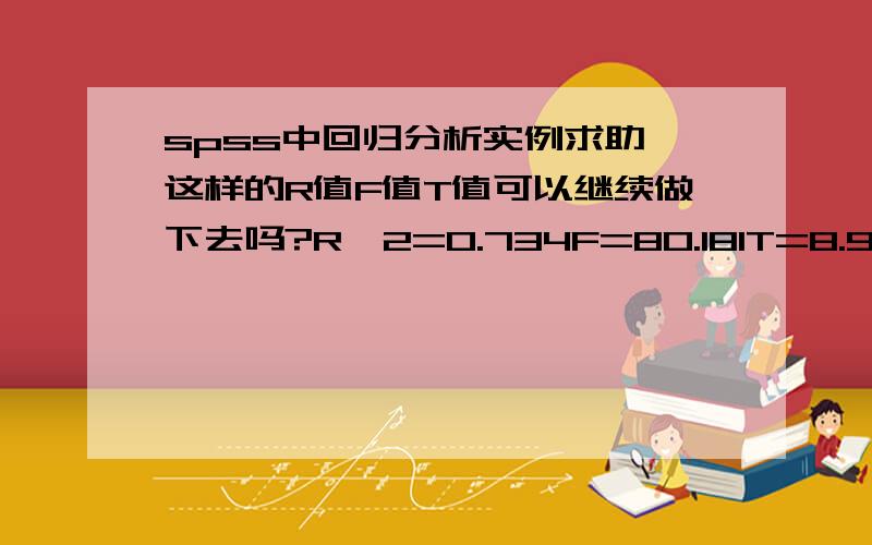 spss中回归分析实例求助,这样的R值F值T值可以继续做下去吗?R^2=0.734F=80.181T=8.954sig=0.0001另外,F值和T值多少合适呢?我看其他做的时候F值300多,这两个值需要怎么判定他合适呢?