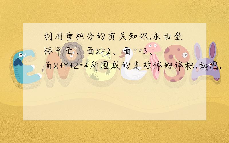 利用重积分的有关知识,求由坐标平面、面X=2、面Y=3、面X+Y+Z=4所围成的角柱体的体积.如图,