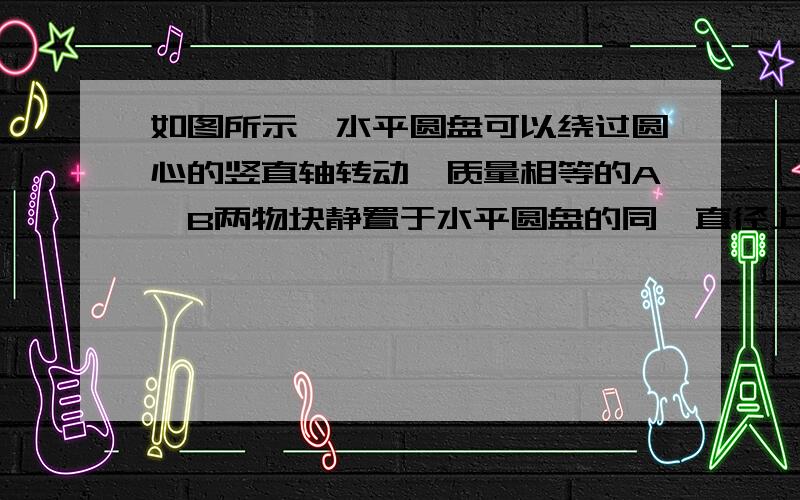 如图所示,水平圆盘可以绕过圆心的竖直轴转动,质量相等的A、B两物块静置于水平圆盘的同一直径上.A距竖直轴2L,B距竖直轴L.用长恰为3L的轻绳连接（轻绳不可伸长）.现使圆盘绕轴匀速转动,两