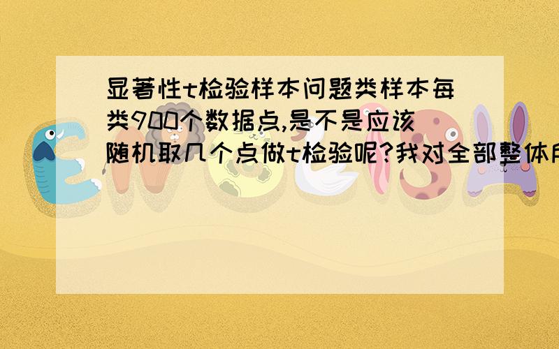 显著性t检验样本问题类样本每类900个数据点,是不是应该随机取几个点做t检验呢?我对全部整体所有点做t检验显示的是有显著性差异,而对随机抽取的几个点做t检验没有显著性差异,请问这怎