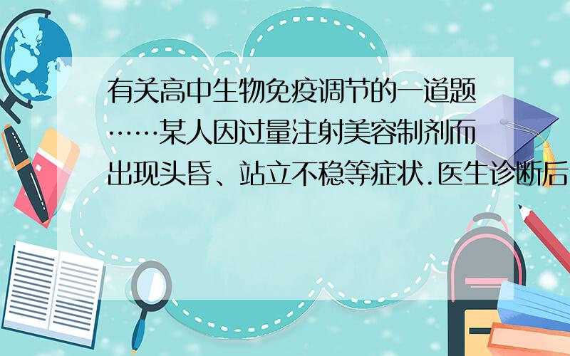 有关高中生物免疫调节的一道题……某人因过量注射美容制剂而出现头昏、站立不稳等症状.医生诊断后,为其注射了肉毒杆菌抗毒素进行治疗,目的是：A、中和体内的肉毒杆菌B、周和体内的