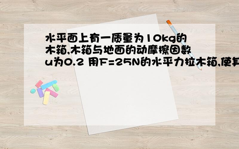 水平面上有一质量为10kg的木箱,木箱与地面的动摩擦因数u为0.2 用F=25N的水平力拉木箱,使其由静止开始运动,g取10m/s^2 求：（1）木箱受到的滑动摩擦力大小,（2）木箱受到的水平方向的合力（3