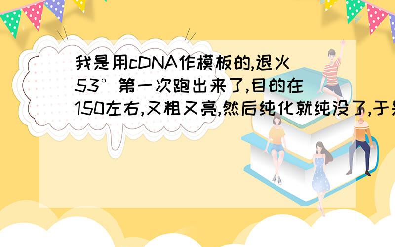 我是用cDNA作模板的,退火53°第一次跑出来了,目的在150左右,又粗又亮,然后纯化就纯没了,于是再重复P,每一次P的结果都不一样,目的条带时有时无,杂带也是时有时无,有的时候杂带很多,有的时