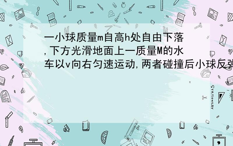 一小球质量m自高h处自由下落,下方光滑地面上一质量M的水车以v向右匀速运动,两者碰撞后小球反弹上升最大高度仍为h.设M>>m,碰撞时弹力Fn>>mg,两者间动摩擦因数为u,则小球弹起后水平速度可能