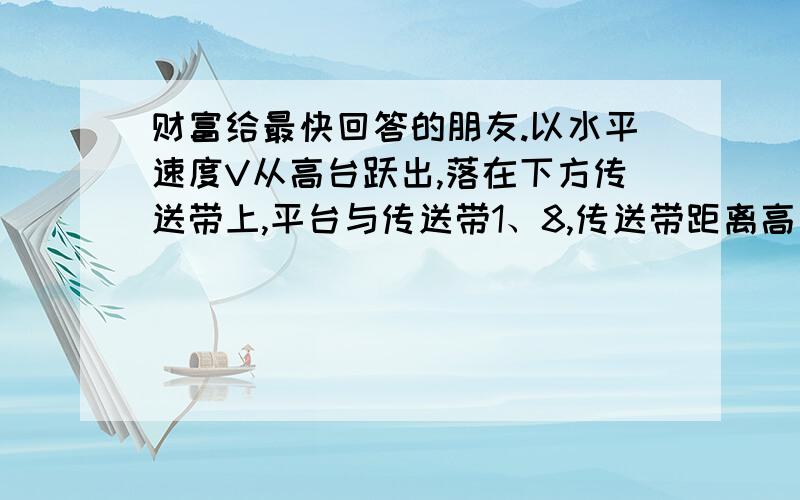 财富给最快回答的朋友.以水平速度V从高台跃出,落在下方传送带上,平台与传送带1、8,传送带距离高台水平距离1、2,传送带长20、85,传送带有足够摩擦,人落在上面,瞬间相对传送带静止,经0、5S