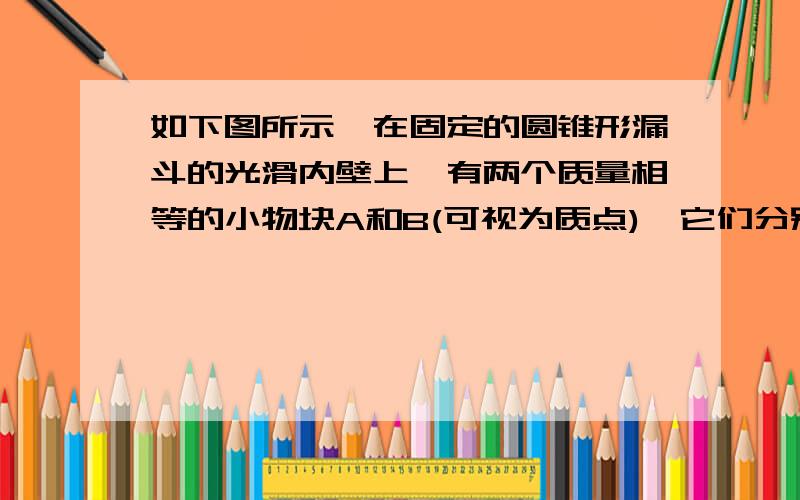 如下图所示,在固定的圆锥形漏斗的光滑内壁上,有两个质量相等的小物块A和B(可视为质点),它们分别紧贴漏斗的内壁,在不同的水平面上做匀速圆周运动,则斜述正确吗?物块A对漏斗内壁的压力