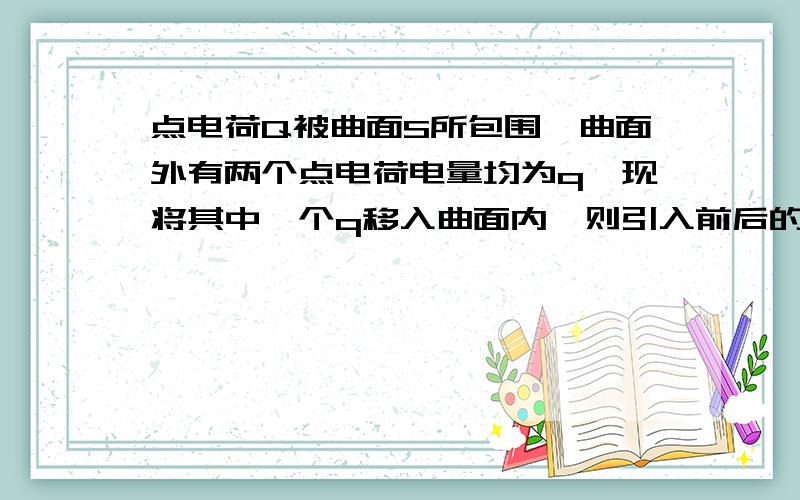 点电荷Q被曲面S所包围,曲面外有两个点电荷电量均为q,现将其中一个q移入曲面内,则引入前后的曲面S的电场强度通量变化 和曲面上各点场强变化 各是怎样